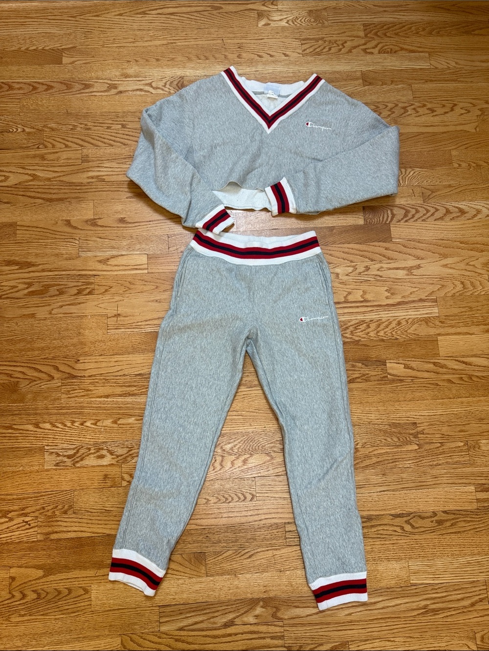 Champion Women’s Grey Sweatshirt & Joggers Set with Red and White Trim